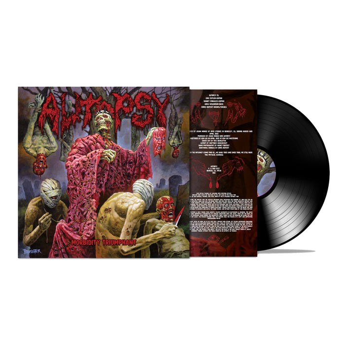 Vinyl record and album cover for Morbidity Triumphant by Autopsy, featuring a grotesque, red-robed figure with a severed head among mummified bodies in a nightmarish scene.