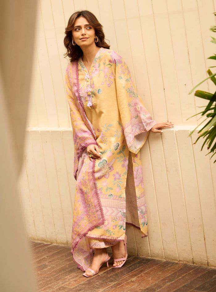 Mulmul Organza Printed Pia Yellow Dupatta