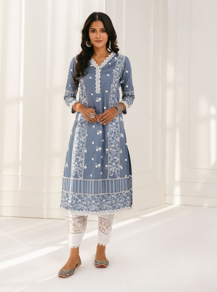 Mulmul Supima Cotton floral Organza Panelled White Salwar
