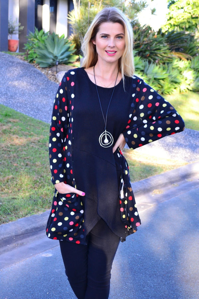 Multicolour pockets and dots winter tunic top by Peony featuring a vibrant, patterned design and long sleeves.