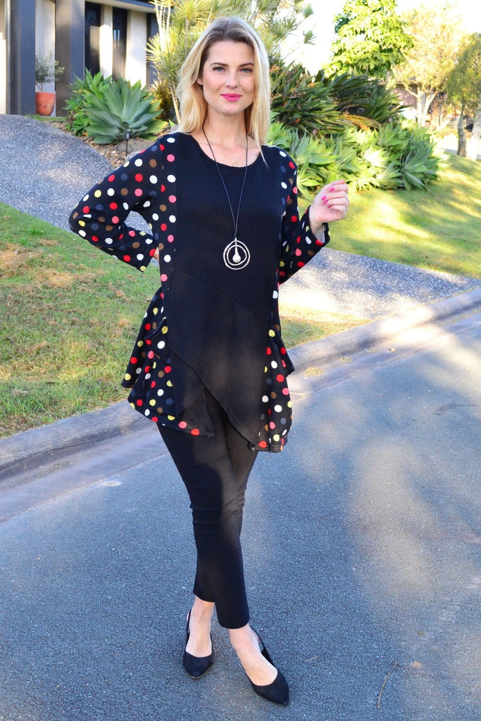 Multicolour pockets and dots winter tunic top by Peony, featuring a stylish design with vibrant patterns and a comfortable fit.
