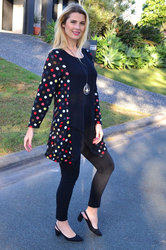 Multicolour pockets and dots winter tunic top by Peony, featuring a stylish design with vibrant patterns and cozy fabric.