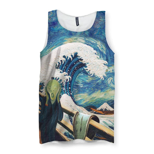 This surreal artistic mashup blends iconic masterpieces under a churning post-impressionist sky of celestial blues and indigo. Contact us with accessibility feedback, we'd love to help!