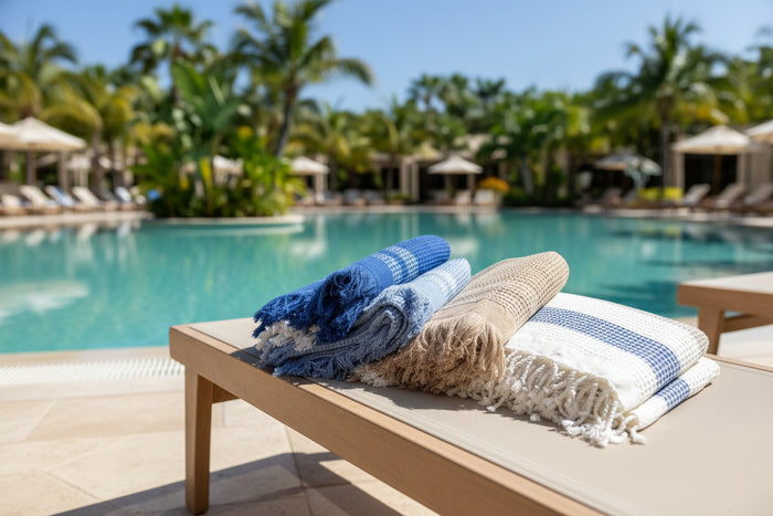 Folded stack of different coloured handwoven Waffle Towels with fringe on chaise by pool - ANNIE.G