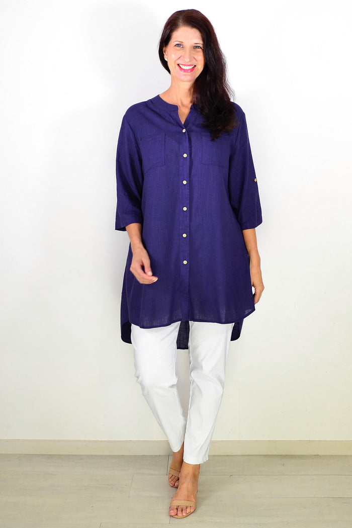 Navy block hi-low relaxed tunic shirt by Ruby Rain, featuring a flowing silhouette and contrasting hem detail.