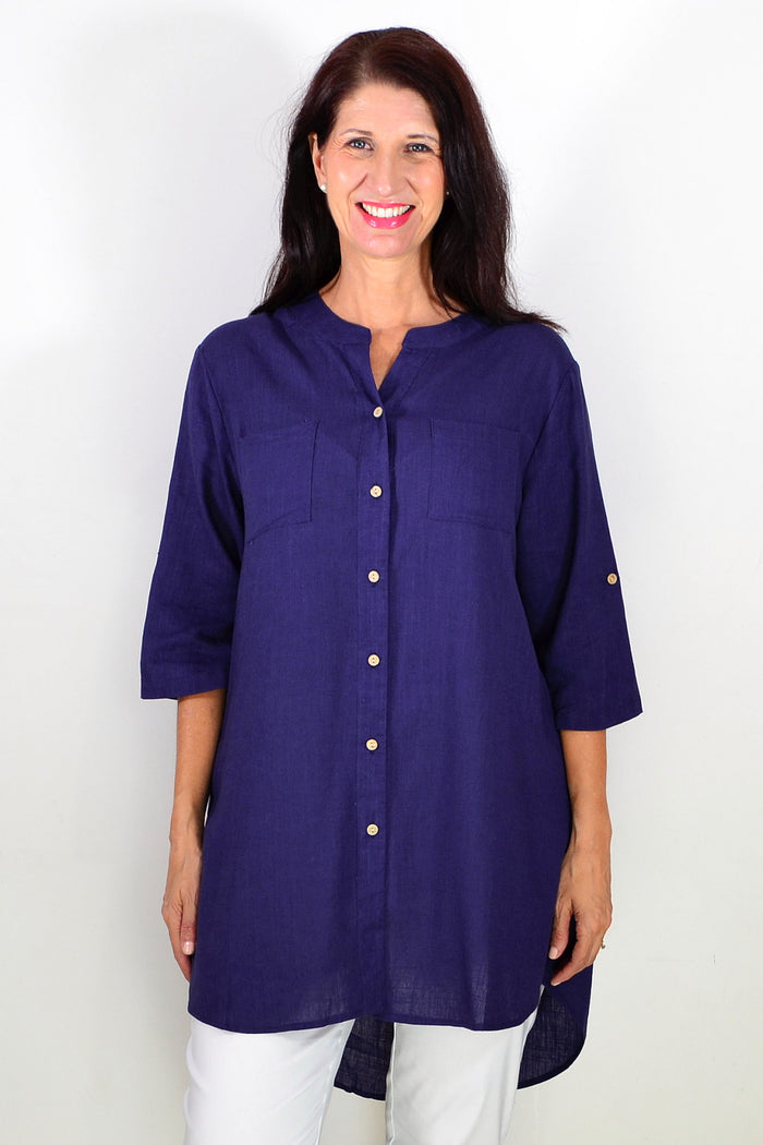 Navy block hi-low relaxed tunic shirt by Ruby Rain, featuring a loose fit and casual style, displayed on a hanger.