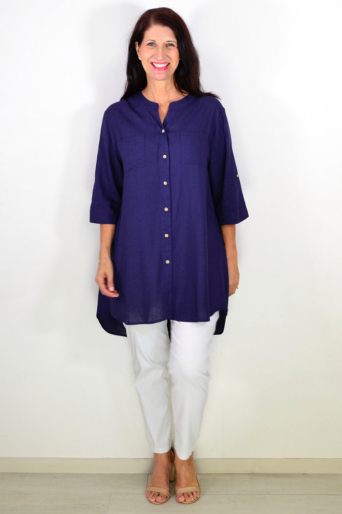 Navy block hi-low relaxed tunic shirt by Ruby Rain, featuring a flowy fit and casual style, shown on a model.