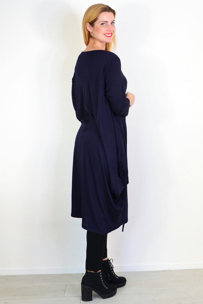 Navy blue relaxed oversized tunic dress by Lilia Whispers, featuring a comfortable fit and casual style, photographed on a mannequin.
