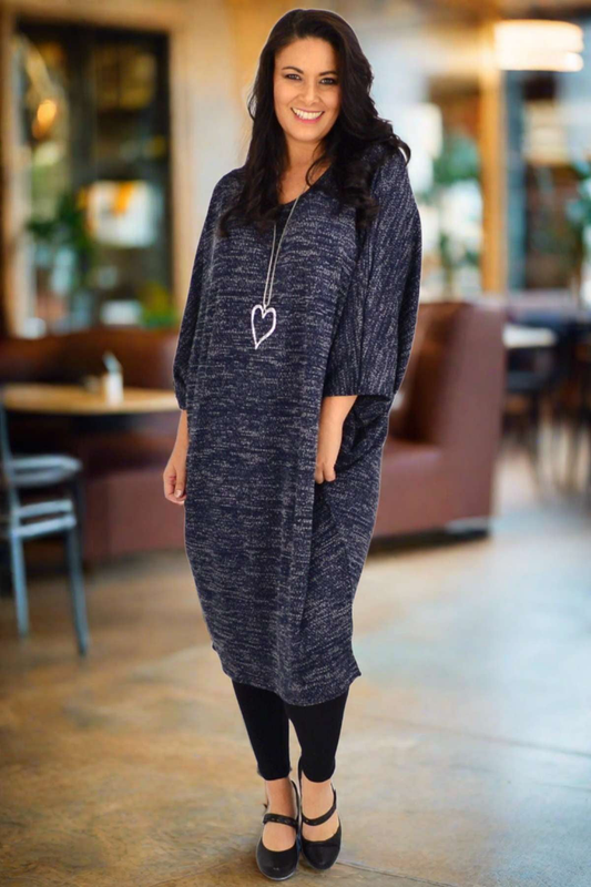 Navy blue textured knit tunic dress by Lilia Whispers, oversized winter tunic top with long sleeves and cozy fabric.