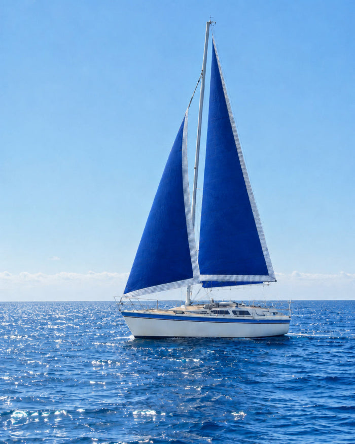 Sailboat with blue sails on a clear day over blue water
