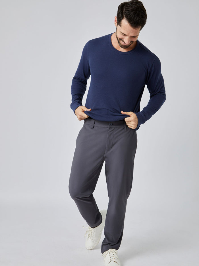 Patrick is 5'10", 163LBS and wears a size M # Navy Thermal Long Sleeve Crew Studio Full Body Image | Fresh Clean Threads