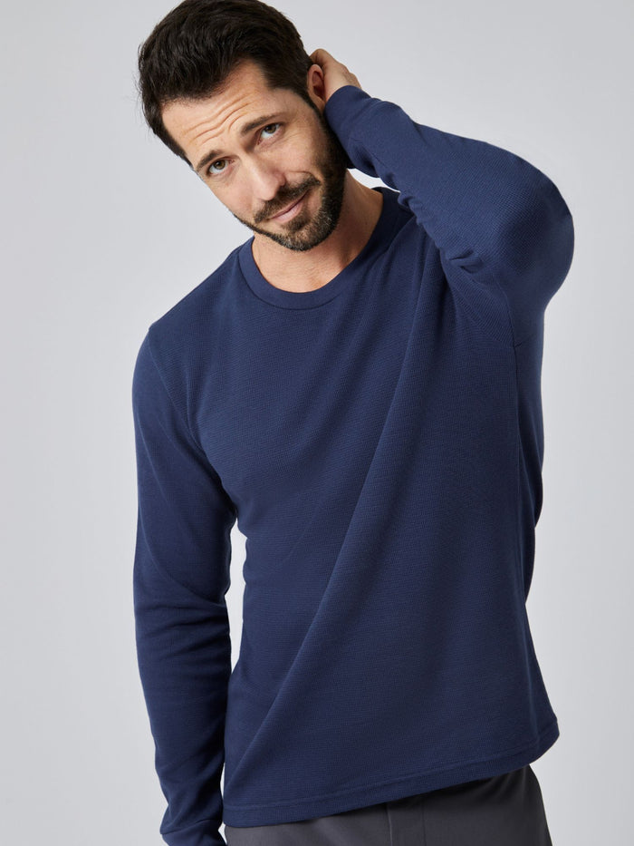 Patrick is 5'10", 163LBS and wears a size M # Navy Thermal Long Sleeve Crew Model Size Medium | Fresh Clean Threads