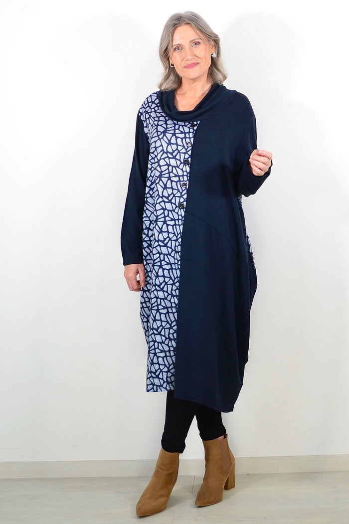Navy warm winter tunic dress by Whispers, showcasing a cozy, long-sleeve design with a relaxed fit and textured fabric.