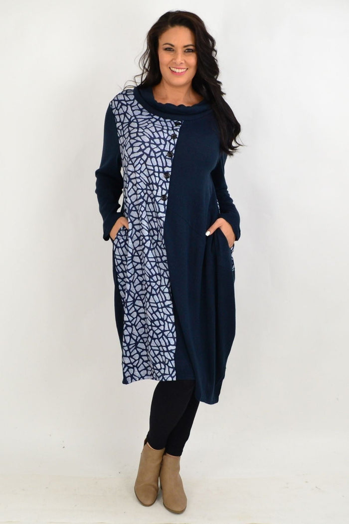 Blue and white striped navy winter tunic dress by Whispers, featuring a cozy, long-sleeve design perfect for cold weather.