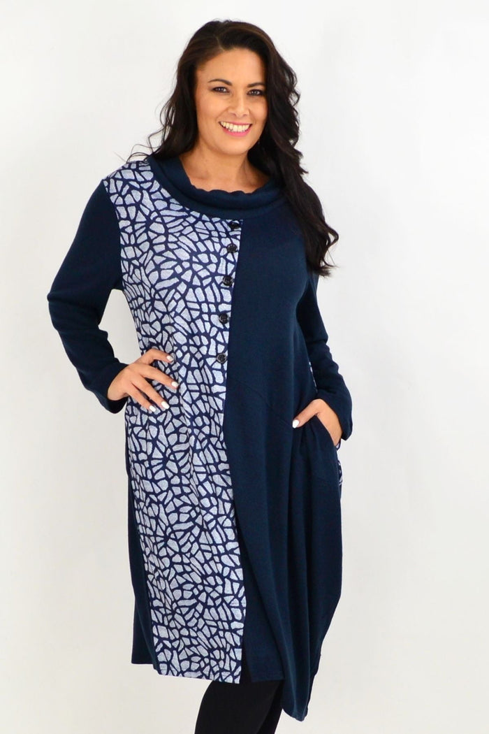 Navy and white striped winter tunic dress by Whispers, featuring a cozy, warm design suitable for cold weather.