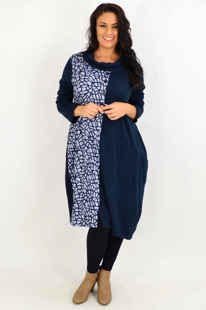 Navy warm winter tunic dress by Whispers featuring blue and white stripes, long sleeves, and a cozy fit for cold weather.