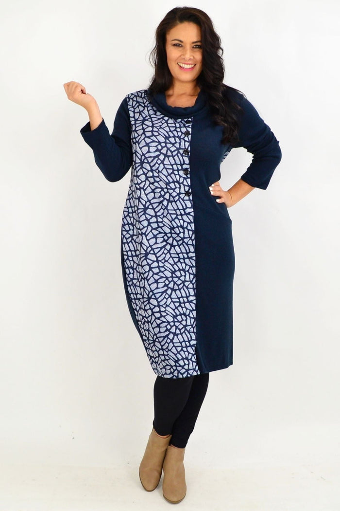 Navy and white striped winter tunic dress by Whispers, featuring a cozy fit and long sleeves, ideal for cold weather.