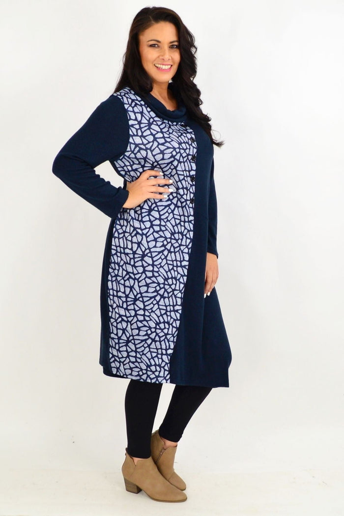 Navy and white striped winter tunic dress by Whispers featuring long sleeves and a comfortable, cozy fit.