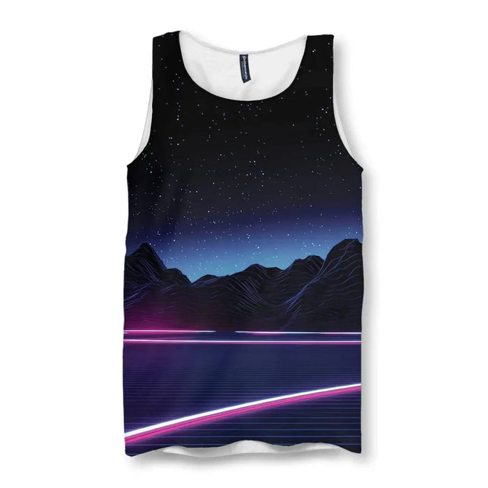 Anchored in 1980s retro-futurism, this design features a deep obsidian night sky descending into midnight indigo digital mountains with jagged wireframe topography. Contact us with accessibility feedback, we'd love to help!