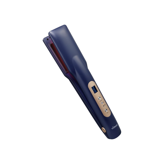 Navy blue hair straightener with beige accents on a white background