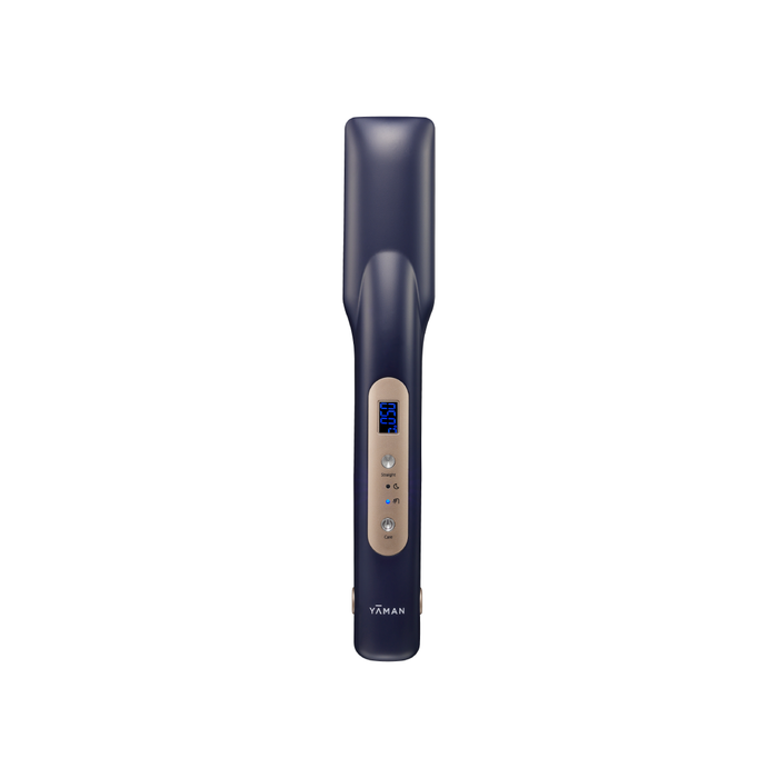 Black hair straightener with digital display on a white background