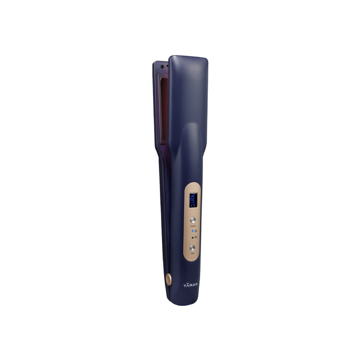 Navy blue hair straightener with brand logo on a white background