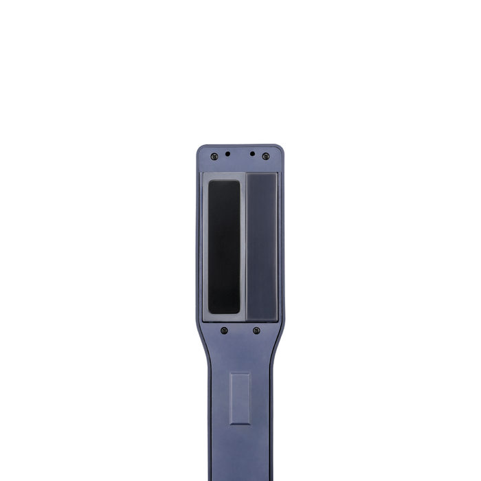 Blue handheld device with a screen on a white background