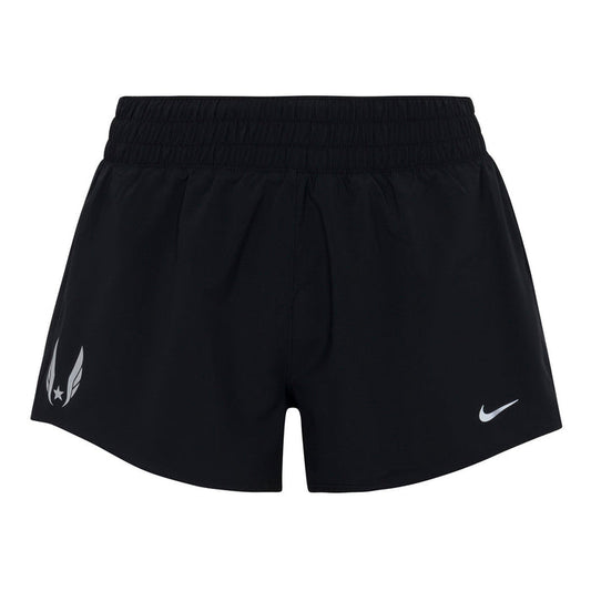 Nike USATF Women's Dri-FIT Mid-Rise 3" Brief-Lined Shorts in black color with a small silver reflective Nike logo on the left leg and a USATF Wing logo on the right leg.