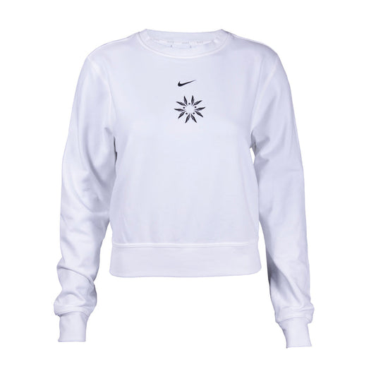 A white Nike USATF women's French terry sweatshirt with the Nike logo and a USA Track and Field wing emblem on the front.