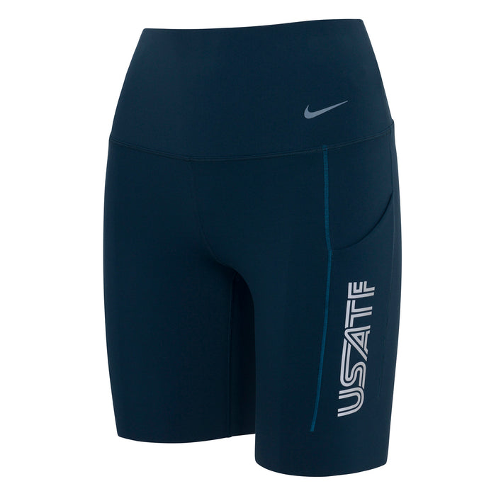 A pair of navy Nike USATF women's high-waisted 8-inch shorts with side pockets and a logo on the left leg.
