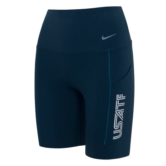 A pair of navy Nike USATF women's high-waisted 8-inch shorts with side pockets and a logo on the left leg.