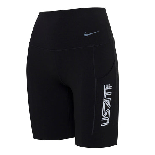 Nike USATF Women's black high-waisted 8-inch shorts with side pockets and logo detail.