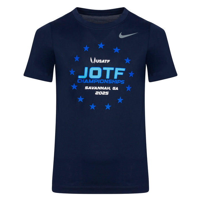 Navy blue t-shirt with blue text and stars on a white background