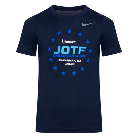 Navy blue t-shirt with blue text and stars on a white background
