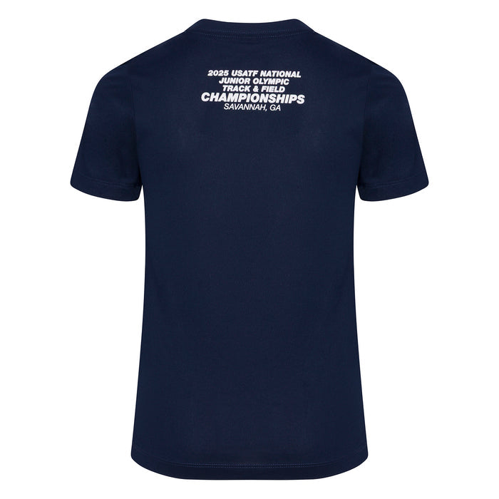 Navy blue t-shirt with white text on the back on a white background