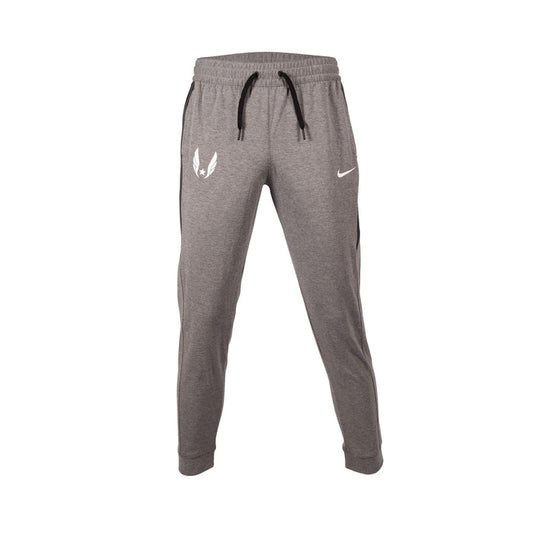 Gray jogger pants with a logo on a white background
