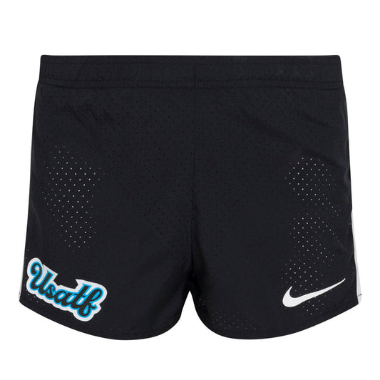 Black athletic shorts with 'Usallf' and Nike logo on a white background
