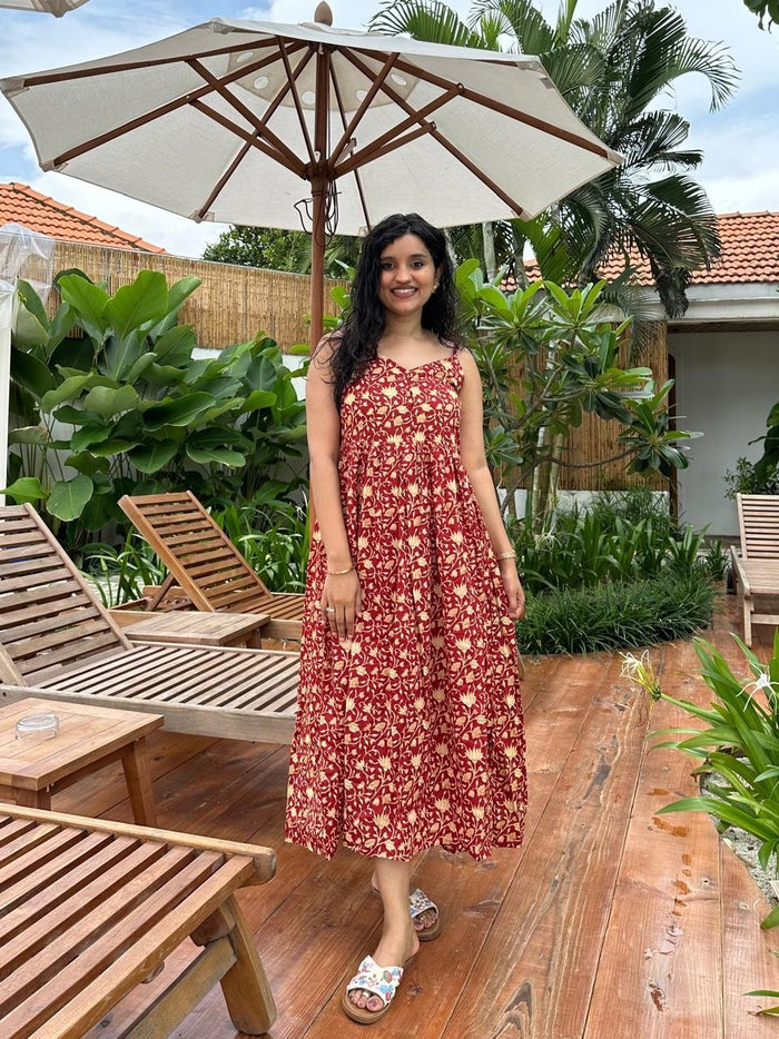 Noodle Strap Cotton Dress- Maroon Boota Jaal