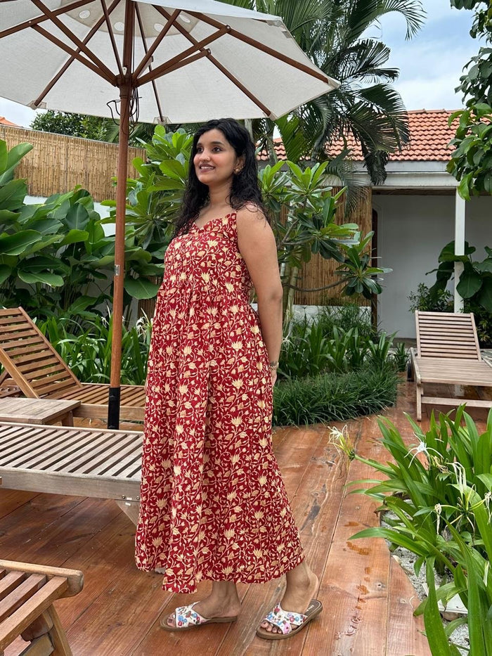 Noodle Strap Cotton Dress- Maroon Boota Jaal