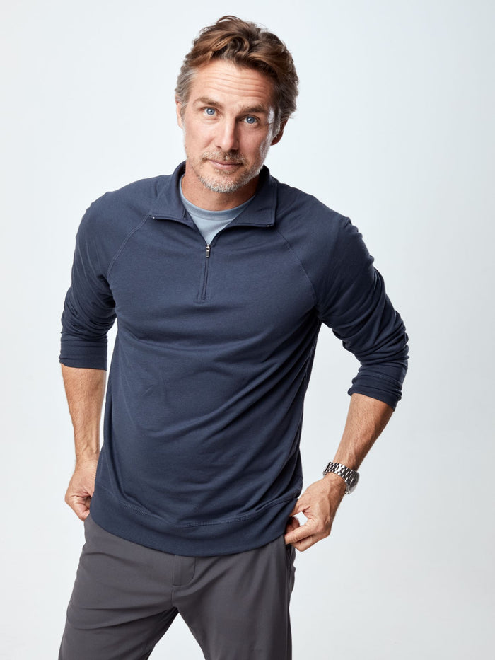 Ariel is 6'1, 175lbs and wears a size M # Odyssey Blue Quarter Zip | Fall/Winter | Fresh Clean Threads
