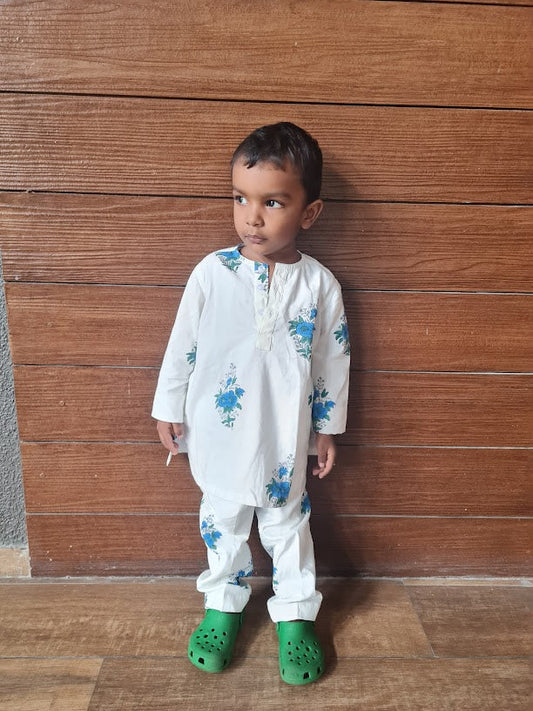 Off white cotton PJ with blue floral motifs