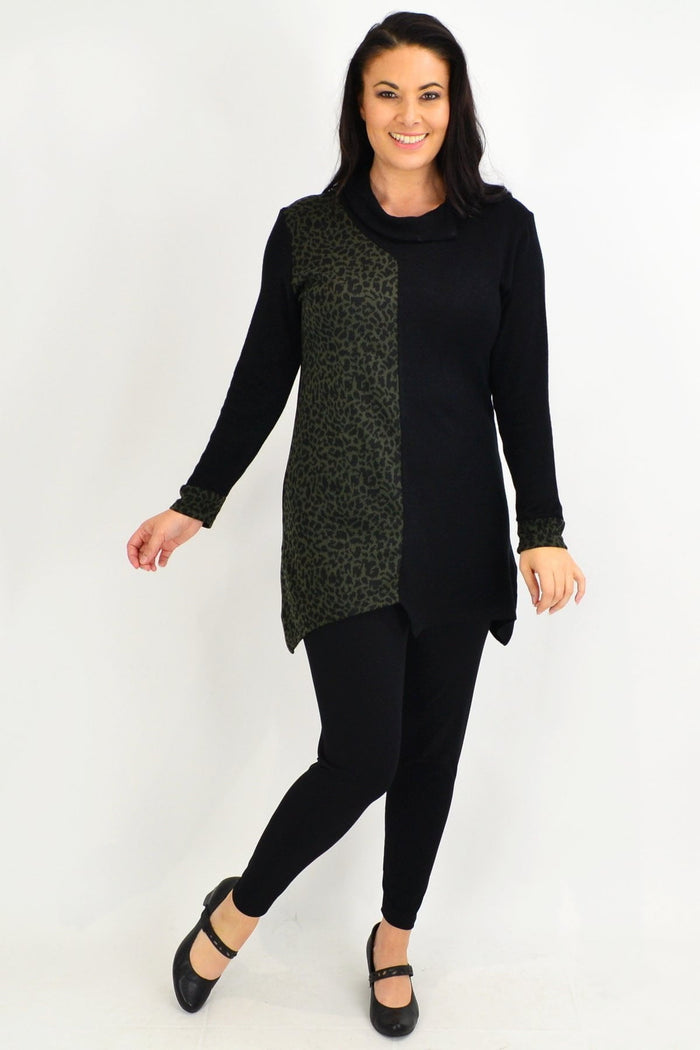Olive leopard print cuff tunic top by Whispers, featuring long sleeves and a relaxed fit, perfect for casual winter wear.