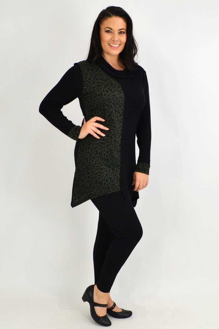 Olive leopard print cuff tunic top by Whispers, featuring long sleeves and a relaxed fit on a neutral background.