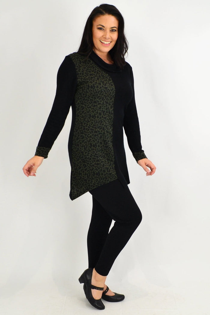 Olive leopard print cuff tunic top by Whispers, featuring long sleeves and a relaxed fit, stylish for winter wear.