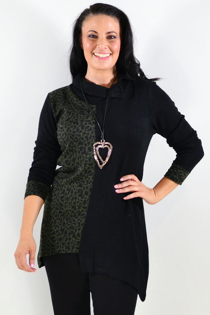 Olive leopard print cuff tunic top by Whispers, featuring a relaxed fit and stylish design, displayed on a hanger.