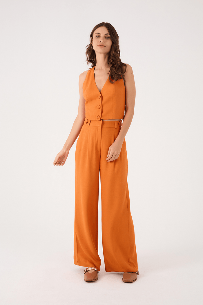 Orange Samba Buttoned Waist Side Pockets Tailored Pants_2