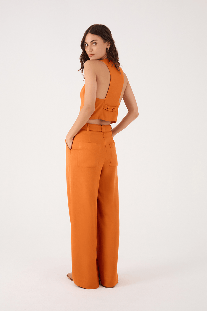 Orange Samba Buttoned Waist Side Pockets Tailored Pants_5