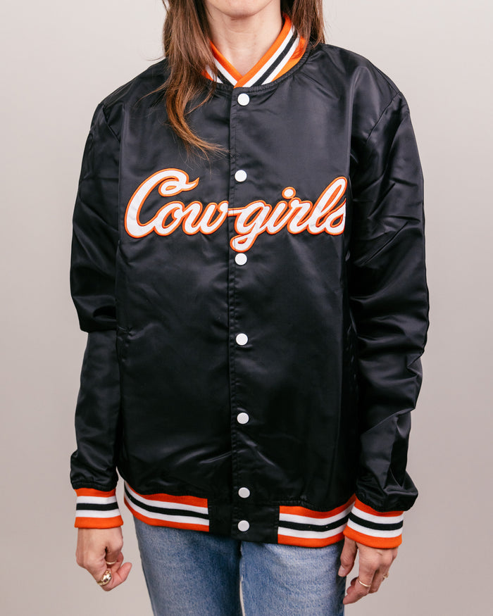 OSU Cowgirls Script Black Vintage Varsity Jacket Front