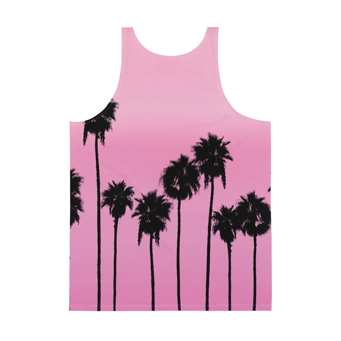 Palm AESTHETIC Men's Tank - The stark "Outrun" contrast of jet black (#000000) palm trees against a soft, hazy gradient from pale blush rose (#F4C2D7) to bubblegum pink (#E88EB5), mimicking the quintessential background of 16-bit driving games and VHS tape covers.