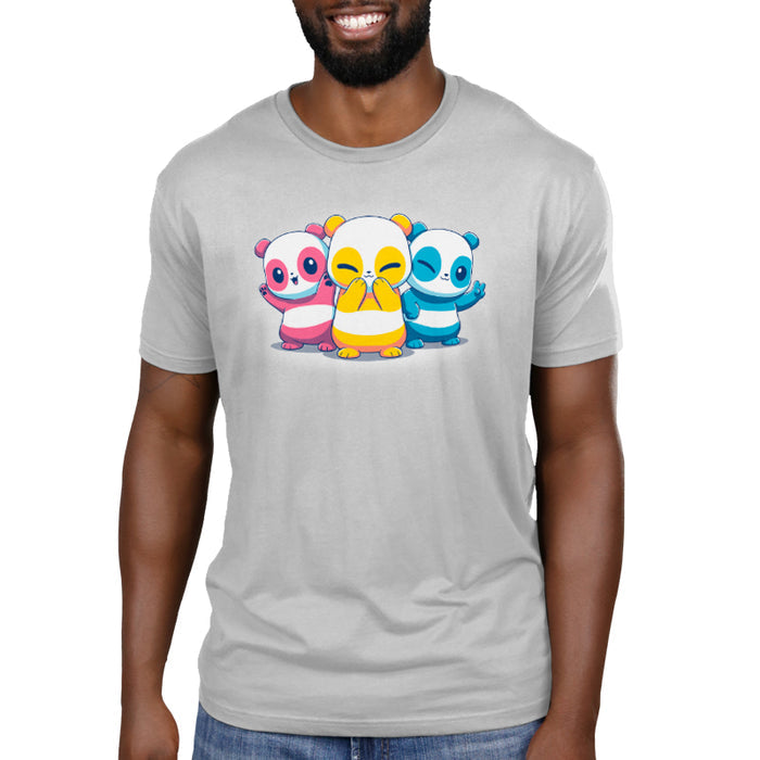 Premium Cotton T-shirt_TeeTurtle Pan Pride Pandas Silver Gray t-shirt featuring three cartoon pandas in pan pride flag colors.